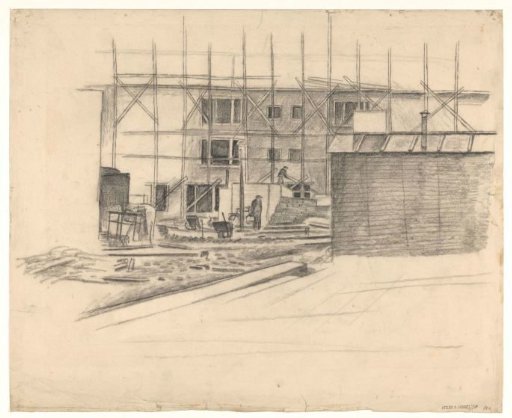 Building under construction with two figures on the construction site