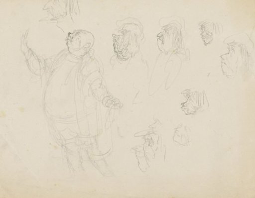 Standing man and various faces