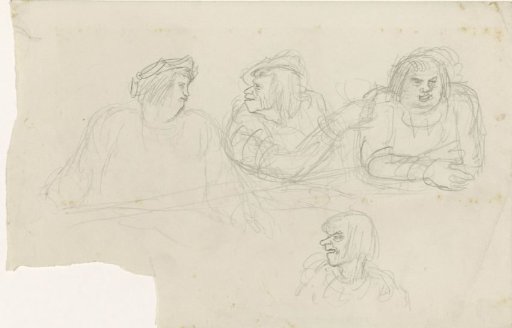 Three figures in a row talking to each other