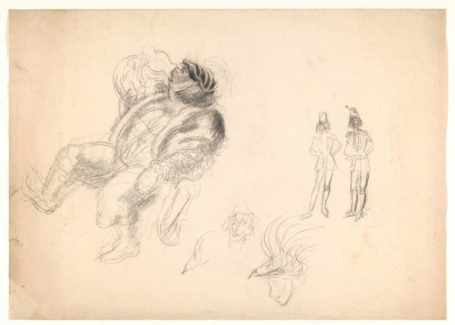 Drinking giant, two figures, a face with a bird in the hair and the face of a man