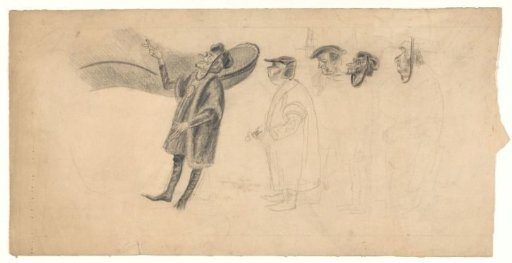 Five men in a row at the foot of a giant