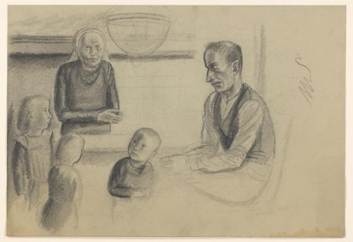 Interior with a man, woman, and three children around a table