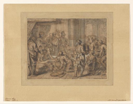 Interior with a crowned king receiving gifts