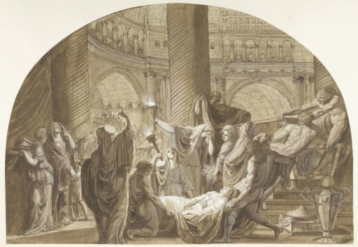 Antique funeral scene in a mausoleum