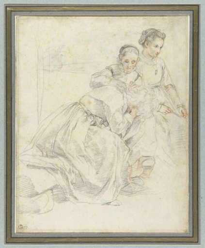 Three Seated Women, One of Which is Examining the Hair of Another for Lice