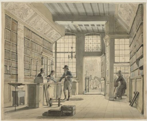 The shop of bookseller Pieter Meijer Warnars on the Vijgendam in Amsterdam