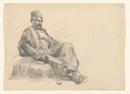 Seated man with cap and pipe