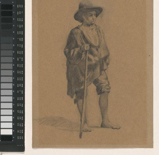 Standing boy with bare feet, hat and walking stick