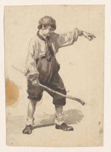 Standing pointing boy with a stick
