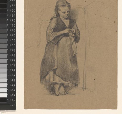 Standing girl with a cloth in her hand, leaning against a background