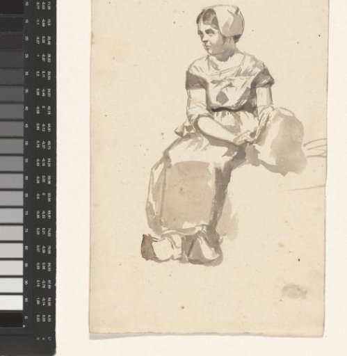 Seated woman with a cap and wooden shoes