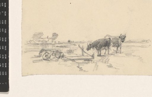 Men ploughing with horses and a construction drawing of a tool