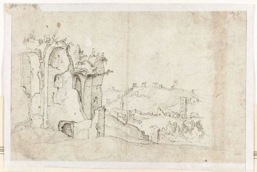 An unidentified ruin in Rome; in the background part of the Roman city wall