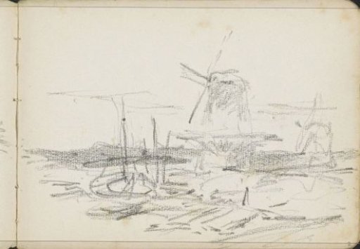 Two windmills at a waterside