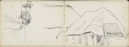 Horse-drawn cart on a path and a hut
