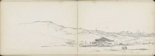 Hilly landscape with figures and buildings