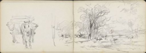 Draft horse for a cart and a landscape with a bridge