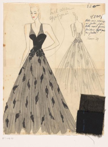 Evening Gown, Bodice of Faille, Black Tulle Skirt Adorned with Applied Faille Leaves
