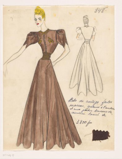 Processional Gown of Brown Faille, Trimmed with Gold Embroidery on the Lining and Pockets, Gold Lamé Belt