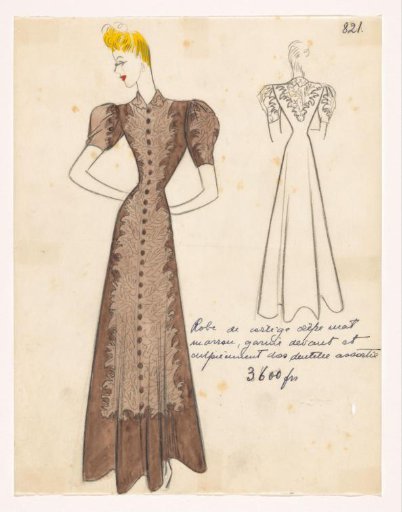 Processional Gown of Matte Brown Crêpe, Trimmed at the Front and Back Yoke with Matching Lace