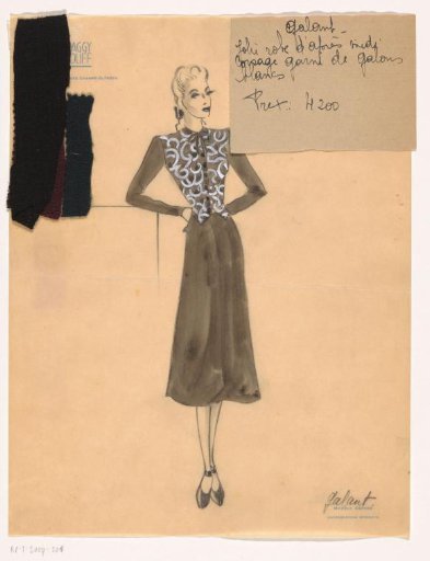 Maggy Rouff: Gallant. Pretty afternoon dress. Bodice trimmed with white galloons.