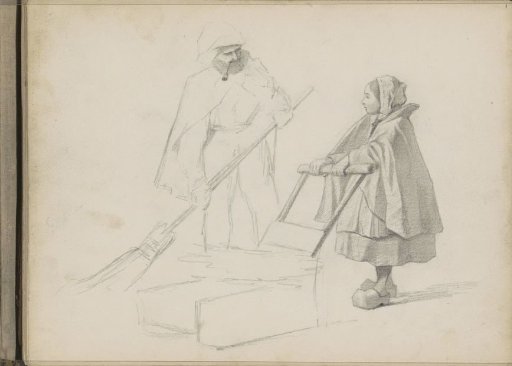Man with a pipe and broom and a girl with a sled