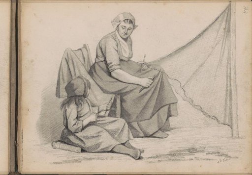 Woman and girl sitting by a tent cloth