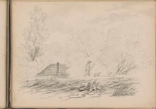 Hunter with dogs on a path