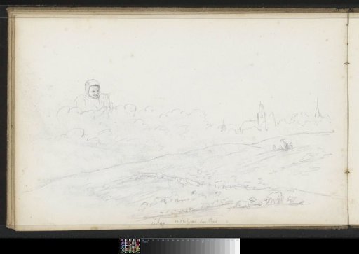 View of Arnhem, grazing cattle in a meadow and a woman with a hood