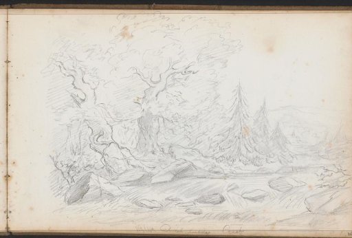Hilly landscape with trees and boulders at Cleves