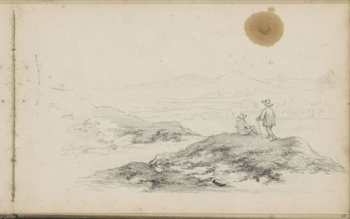 Resting travelers in a hilly landscape