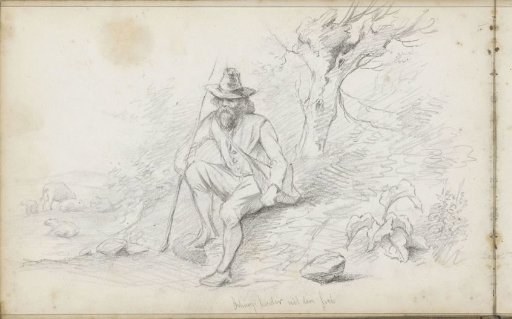 Shepherd sitting by a tree on the heath