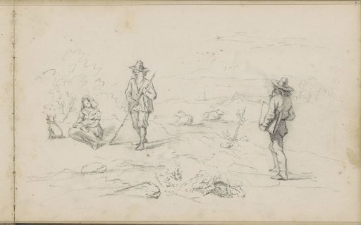 Two men and a seated woman in a hilly landscape