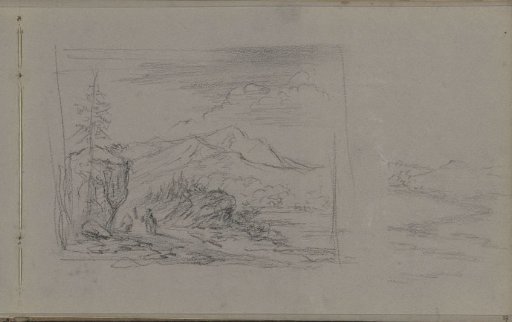 Mountainous landscape with travelers