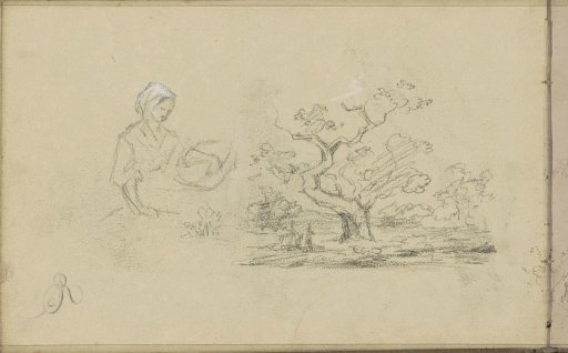 Woman with a basket and a landscape with trees