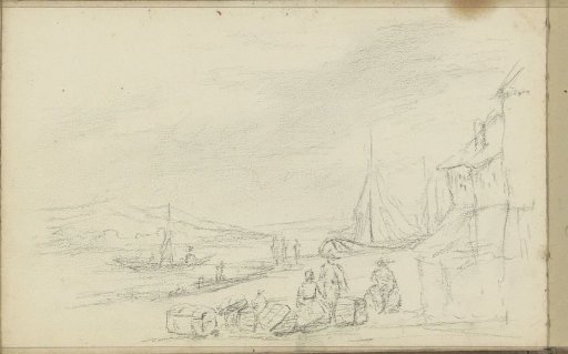 Hilly landscape with figures at a quay