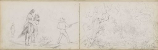 Men and a woman on horseback on a forest path