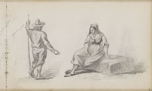 Seated woman on a stone and a man with a rifle