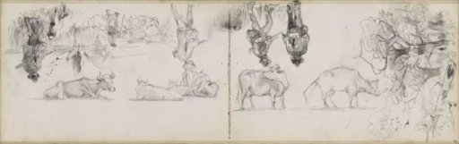 Study sheet with hunters, a shepherd, trees and cows