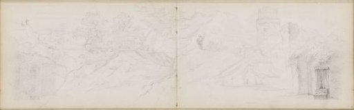 Mountain landscape with travelers