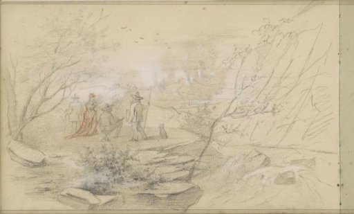 Figures on a rocky elevation by a stream