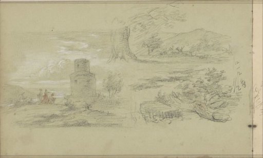 Hilly landscape with figures and a tower