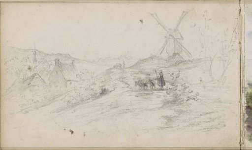 Shepherdess on a path alongside a mill