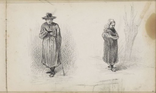 Reading woman with a walking stick and a woman with a child in her arms