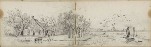 Polder landscape with a river, mill and farmhouse