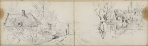 Cows at a watering place and a house by a road