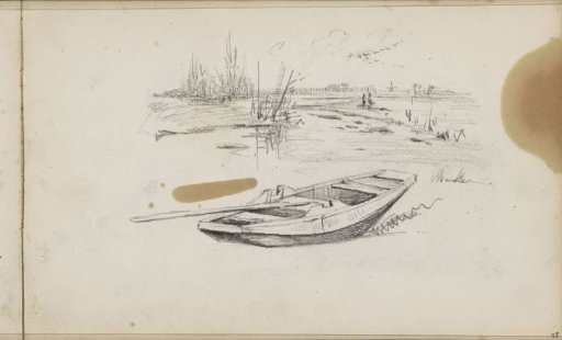 River landscape with a moored rowing boat