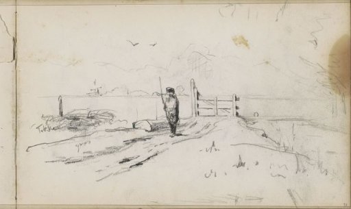 River landscape with a man at a gate on a country road