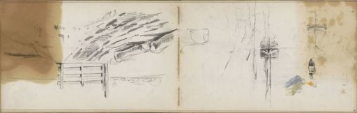 Study sheet with sailing ships and a gate by a meadow