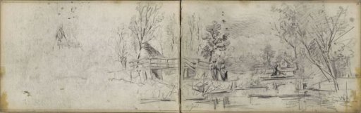 Two Figures by a Bridge over a River